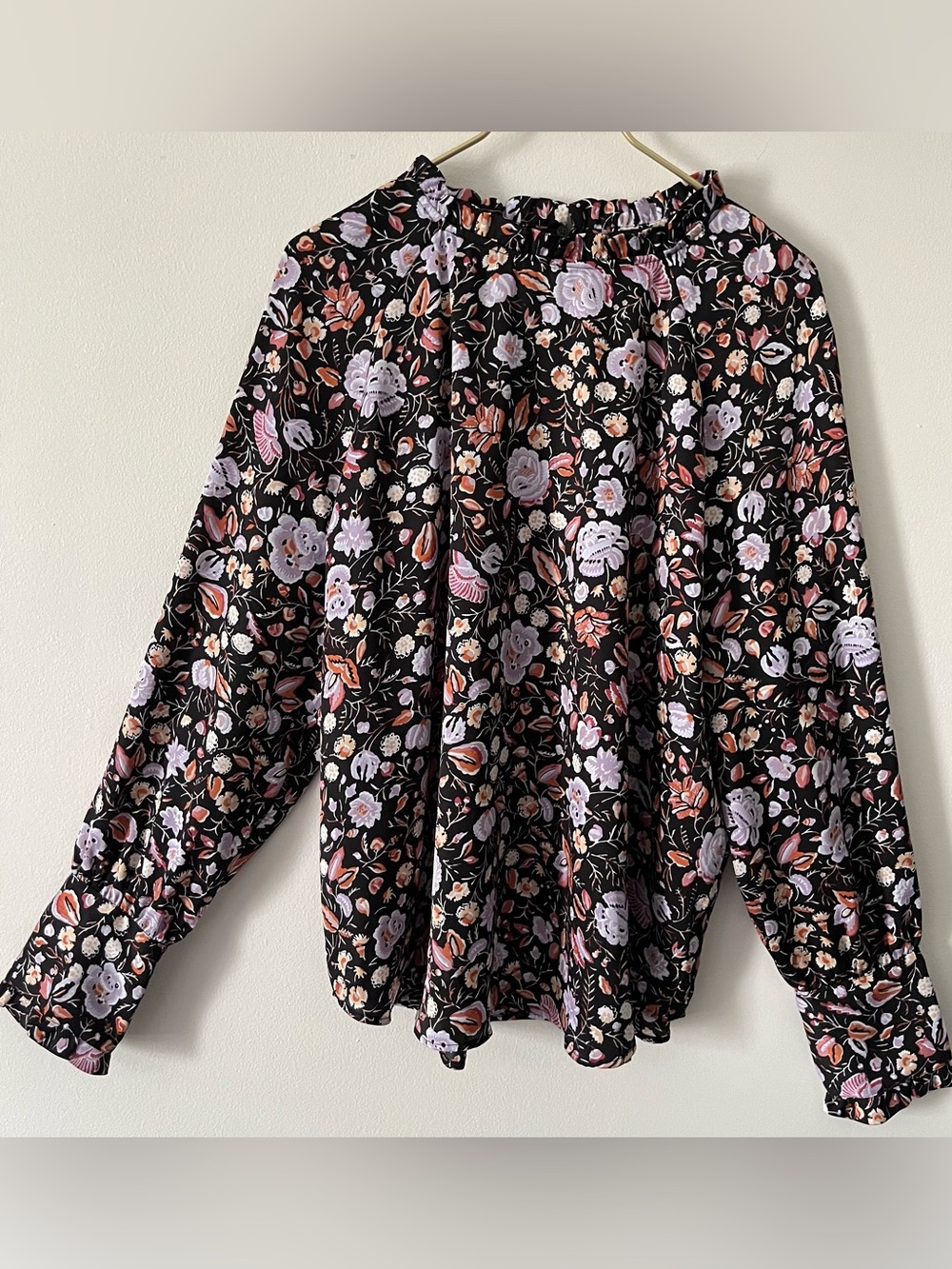 Ann Taylor Black Floral Long-Sleeve Peasant Blouse Ruffles Dark Romantic XXL